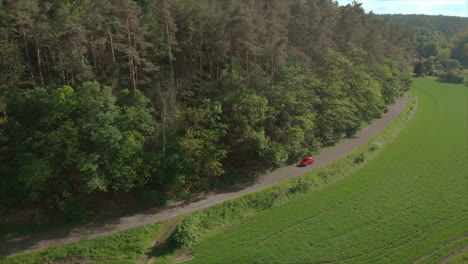 Red-car-driving-on-straight-road-along-forest-and-green-field,-drone-shot