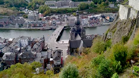 Top-down-shot-of-Dinant-city-centre-filmed-from-top-of-cathedral