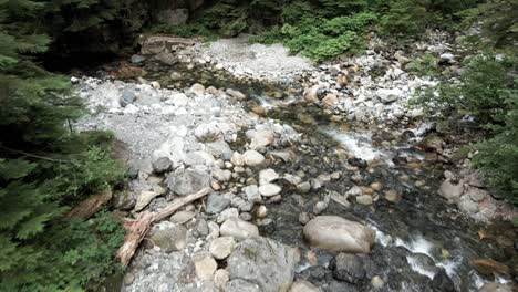 Lush-evergreen-trees-line-as-water-cascades-down-a-boulders-strewn-mountain-creek,-Ariel-pull