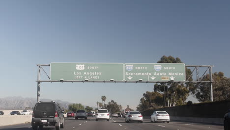 Los-Angeles-Freeway-Driving,-Los-Angeles-Freeway-Driving,-101---405-Interstate-Interchange,-Sacramento,-Santa-Monica