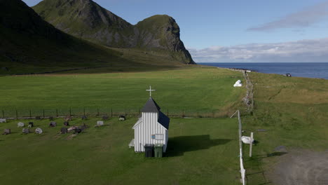 A-very-small-and-special-church-at-a-beautiful-spot-at-Unstad-Beach,-Lofoten,-Norway