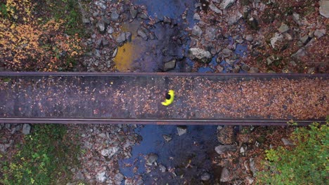 A-man-in-a-bright-yellow-jacket-crosses-a-footbridge-over-a-creek-in-the-forest-as-seen-from-overhead