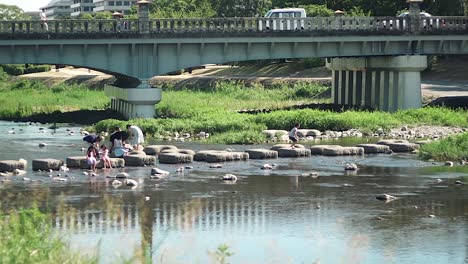 Japanese-Kids-Happily-Playing-On-The-Stepping-Stones-At-The-Kamogawa-River-In-Kyoto,-Japan-On-A-Sunny-Day