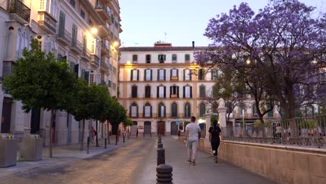 Handheld-shot-of-people-walking-towards-Picassos's-birthplace,-next-to-Plaza-de-la-Merced-during-twilight,-Malaga