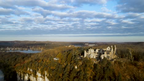 Medieval-Castle-Fortress-Ruins-on-Cliff-in-Beautiful-Landscape,-Aerial