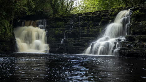Time-lapse-of-spring-forest-cascade-waterfall-surrounded-by-trees-with-rocks-in-the-foreground-in-rural-landscape-of-Ireland