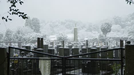 Snow-falling-over-Japanese-Graveyard-with-Winter-Scene-Background