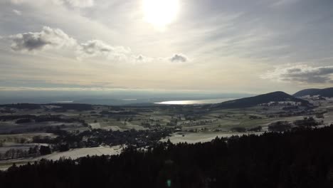 Drone-view-from-a-forest-over-a-green-plain-in-Switzerland-with-a-shining-lake-on-the-horizon
