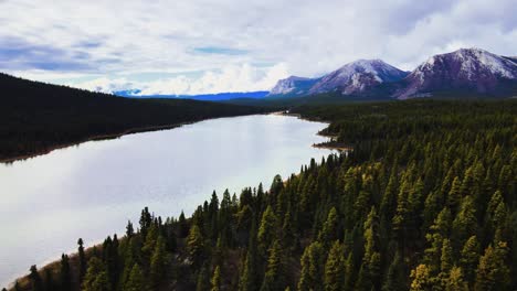 Johnson-Range-lake-on-sunny-afternoon-in-mountains,-aerial-drone