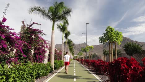 A-person-walking-on-a-path-that-is-surrounded-by-palm-trees-and-flowers-at-Costa-Adeje,-Tenerife