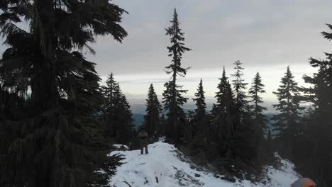 aerial-shot-of-a-person-on-top-of-Grouse-mountain-gazing-at-the-view-of-Vancouver-British-Columbia-at-sunset