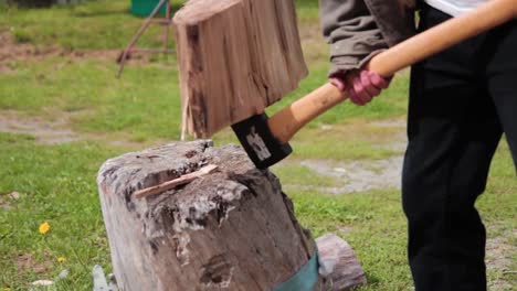 Closeup-of-a-man-cutting-a-piece-of-firewood-with-an-axe
