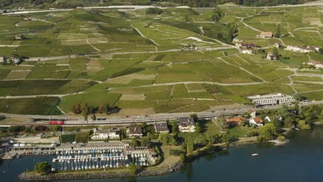 Aerial-panning-following-swiss-train-traveling-along-Lake-Léman-in-Lavaux-region---Switzerland-Summer-colors,-blue-lake