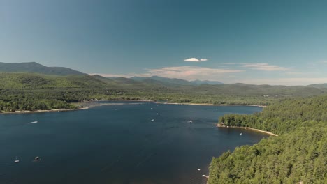 Aerial-drone-view-over-adirondack-lake-in-the-summer