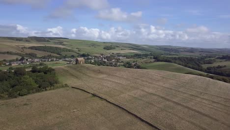Aerial-tracking-and-rotating-from-right-to-left-around-the-stunning-St-Catherine's-Chapel,-near-Abbotsbury-in-Dorset,-England
