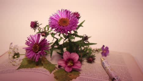 Close-Up-of-Flowers-and-Pen-on-the-Book