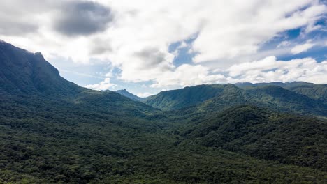 Drone-aerial-timelapse-view-of-summer-green-mountains-in-a-amazon-tropical-forest-in-Brazil
