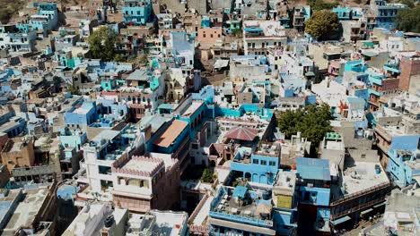 Aerial-establishing-shot-of-the-Blue-city,-Jodhpur,-Rajasthan,-India