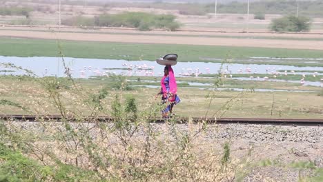 Indian-women-walking-on-train-tracks-long-shot-background-I-Indian-village-women-stock-video-in-FULL-HD