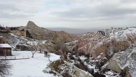 Pigeon-Valley-in-Goreme-Town-during-Winter,-Cappadocia,-Turkey