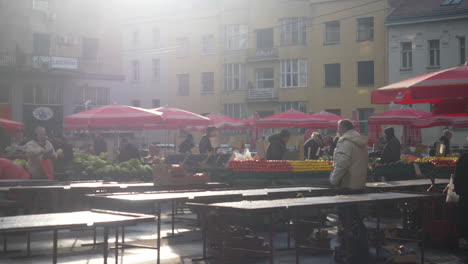 Weitwinkelaufnahme-Eines-Traditionellen-Obst--Und-Gemüsemarktes-In-Zagreb,-Kroatien-Gegen-Das-Sonnenlicht