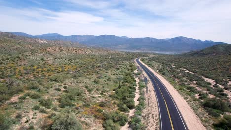 Aerial-descend-on-view-of-highway-leading-to-Bartlett-Lake-one-black-car-passes-under-the-drone-Tonto-National-Forest,-Sonoran-Desert,-Bartlett-Lake,-Arizona