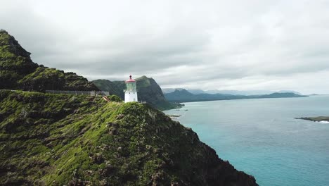 Drone-Shot-rotating-around-the-Makapu'u-Lighthouse-which-is-perched-on-a-clifftop-on-the-Southeast-Coastline-of-Oahu,-Hawaii