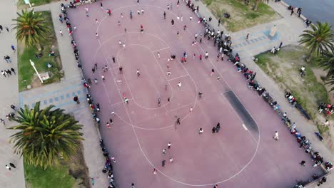 Landscape-Drone,-Aerial-Footage-of-skating-rink-located-in-montevideo-Uruguay