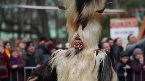 Behaarte-Maske-Auf-Langem-Kopf-Mit-Hörnern,-Teil-Eines-Kostüms-Eines-Bulgarischen-Kukers