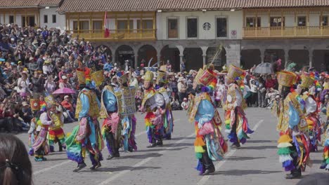 Slow-motion-footage-of-Virgen-del-Carmen-dancers-in-traditional-clothing-in-Cusco,-Peru