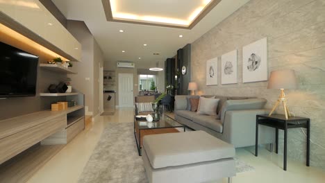 Komplett-Eingerichtetes-Wohnzimmer-Mit-Stilvollen-Möbeln-Und-Beleuchtung