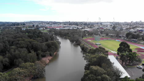 AERIAL-Over-Barwon-River-And-Athletics-Track-And-Field,-Geelong-Australia