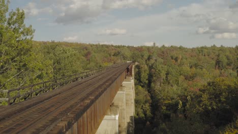 Flying-through-the-trees-along-the-side-of-a-rusty-railroad-trestle-during-an-early-fall-golden-hour-AERIAL