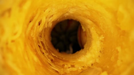 Moving-inside-the-core-of-a-cored-out-gourd,-pushing-through-to-see-a-great-macro-view-of-the-textures-and-details-of-the-interior-portions-of-pulp-and-flesh-of-the-gourd