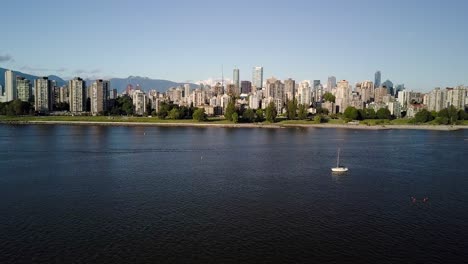 Calm-Blue-Ocean-With-Downtown-Skyline-And-English-Bay-Beach-In-Vancouver,-British-Columbia,-Canada-At-Daytime-View-From-Kitsilano-Beach