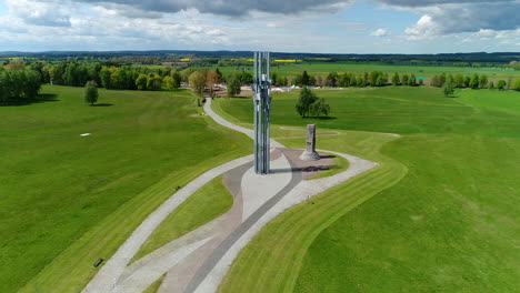 Aerial-dolly-towards-memorial-of-medieval-battle-of-Grunwald,-Poland