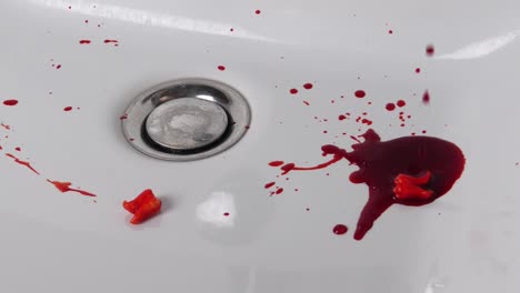 Blut-Fließt-Ins-Waschbecken,-Dann-Fallen-Zwei-Blutige-Zähne-Spritzend-Herunter