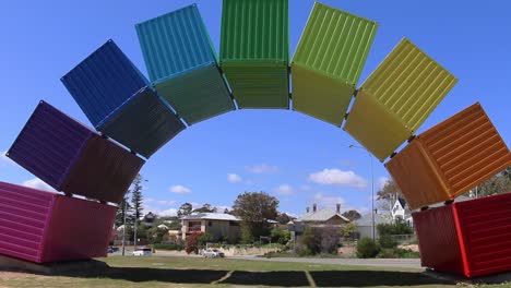 Rainbow-Sea-Container-Fremantle,-large-colourful-arch-art-installation