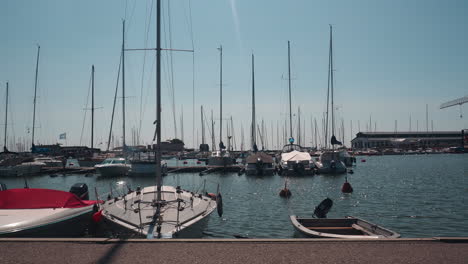 Running-people-on-port-with-docked-yachts-and-boats