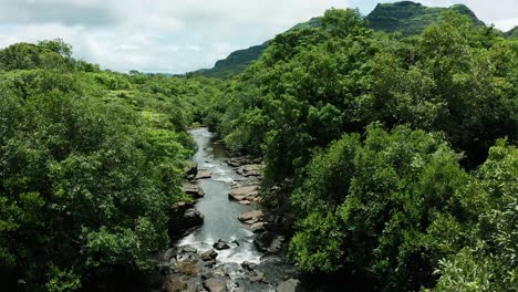 Flying-between-trees-over-a-pristine-jungle-stream-flowing-inside-the-forest-with-distant-monsoon-clouds-and-mountains