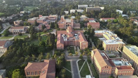 Aerial-slide-view,-Ricard-Rudolph-Asian-Lab,-UCLA-campus-at-sunset