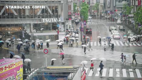 Menschen,-Die-Während-Der-Regenzeit-Am-Shibuya-Kreuz-In-Tokio-Zum-Überqueren-Eilen-–-Nahaufnahme,-Zeitlupe