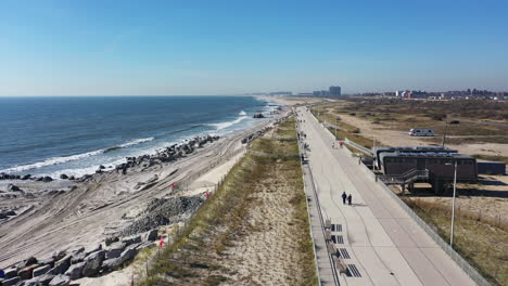 An-aerial-view-over-the-beach-in-Far-Rockaway,-NY