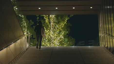 Mujer-Subiendo-Las-Escaleras-Hacia-Los-árboles-Decorados-Con-Luces-Navideñas-Brillantes-En-La-Noche-En-Tokio,-Japón