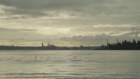 Vogel-Fliegt-über-Meerwasser,-Bewölkter-Himmel-Und-Industriekräne-Im-Hintergrund
