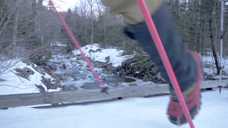 Two-Hikers-Crossing-a-Bridge-in-the-Woods-in-the-Middle-of-Winter