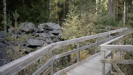 Bei-Einem-Spaziergang-An-Einem-Kai,-In-Einem-Ruhigen-Fluss,-Umgeben-Von-Farbenfrohen-Herbstwäldern,-Scheint-Die-Sonne-Durch-Die-Bäume,-An-Einem-Sonnigen-Herbstabend-In-Finnland