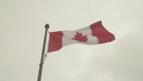Canadian-flag-on-pole-waving-in-wind,-cloudy-sky