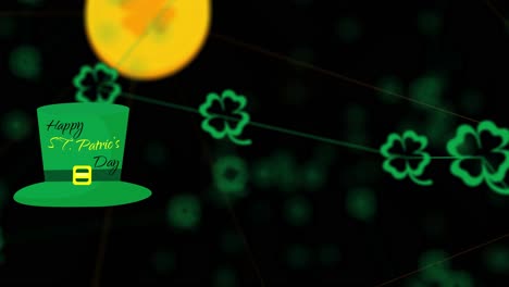 St-patrics-day-animation,-clover-leafs,-coins,-and-green-hat-with-text-happy-st-patrics-day