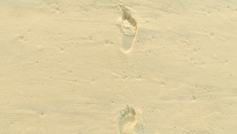Birds-eye-view-slow-motion-forward-following-of-imprinted-bare-footsteps-on-a-pristine-even-beach
